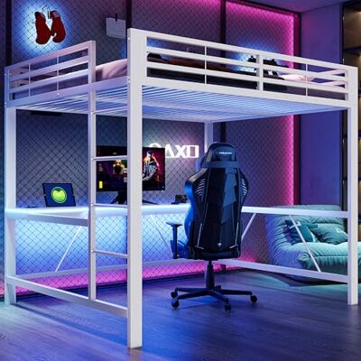 BTM Gaming Bett Jugendbett 160 x 200 cm Metall Hochbett mit Schreibtisch und USB, Kinder Erwachsene mit LED, Weiß BTM Gaming Bett Jugendbett 160 x 200 cm Metall Hochbett mit Schreibtisch und USB, Kinder Erwachsene mit LED, Weiß