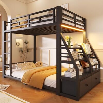 BTM Metall Etagenbett 90x200 mit Ablageregal, Stoff Schubladen & LED-Beleuchtung Hochbett Jugendliche mit Stauraum, Schwarz BTM Metall Etagenbett 90x200 mit Ablageregal, Stoff Schubladen & LED-Beleuchtung Hochbett Jugendliche mit Stauraum, Schwarz