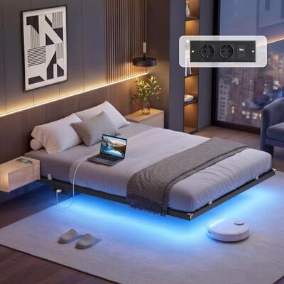 VASAGLE Bettgestell 140 x 200 cm, schwebender Effekt, LED-Beleuchtung, abnehmbare Steckdosenleiste, 2 AC-Steckdosen, 1 USB-C-Anschluss, 2 USB-A-Anschlüsse, trägt bis 500 kg, tintenschwarz RMB174B101 VASAGLE Bettgestell 140 x 200 cm, schwebender Effekt, LED-Beleuchtung, abnehmbare Steckdosenleiste, 2 AC-Steckdosen, 1 USB-C-Anschluss, 2 USB-A-Anschlüsse, trägt bis 500 kg, tintenschwarz RMB174B101