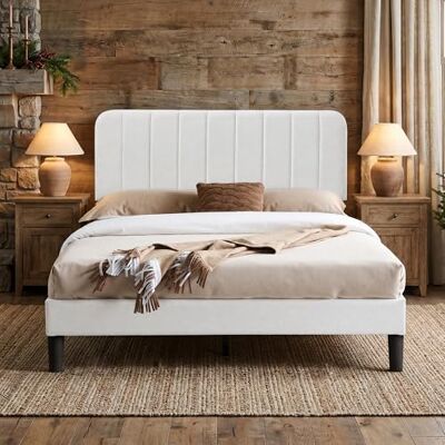VECELO Polsterbett 140 x 200 cm Doppelbett, Höhenverstellbarem Kopfteil, Massivem Holzlattenrost, Samtstoff und Einfache Montage, für Schlafzimmer und Gästezimmer, Weiß VECELO Polsterbett 140 x 200 cm Doppelbett, Höhenverstellbarem Kopfteil, Massivem Holzlattenrost, Samtstoff und Einfache Montage, für Schlafzimmer und Gästezimmer, Weiß