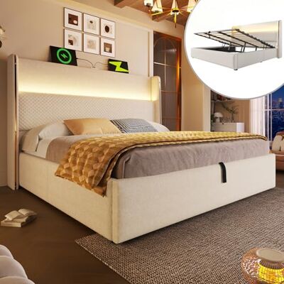 BTM Modernes Hydraulisches Bett mit Hohem Kopfteil, 160x200cm Doppelbett mit LED-Beleuchtung, Stauraum & USB/Type-C-Anschlüssen, in Leinen Optik Beige (Ohne Matratze) BTM Modernes Hydraulisches Bett mit Hohem Kopfteil, 160x200cm Doppelbett mit LED-Beleuchtung, Stauraum & USB/Type-C-Anschlüssen, in Leinen Optik Beige (Ohne Matratze)