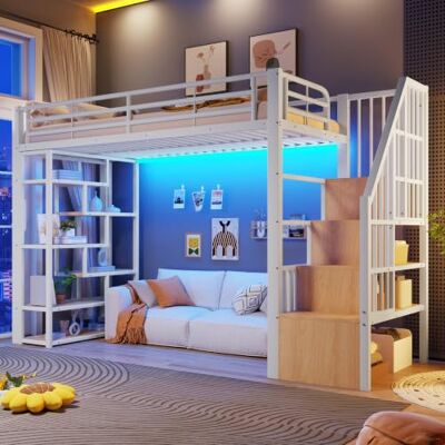 Merax Hochbett 90x200 cm, Metallbett mit Treppe und Rausfallschutz, Kinderhochbett mit LED, Ablagefach, Leiter, offener Stauraum unter dem Bett, Jugendbett Bettgestell (ohne Matratze), Weiß Merax Hochbett 90x200 cm, Metallbett mit Treppe und Rausfallschutz, Kinderhochbett mit LED, Ablagefach, Leiter, offener Stauraum unter dem Bett, Jugendbett Bettgestell (ohne Matratze), Weiß