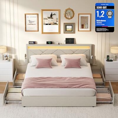 VASAGLE Doppelbettgestell, Bettgestell, 140 x 200 cm, LED, Metallbett, 4 Schubladen, Ladestation, verstellbares gepolstertes Kopfteil, cappuccinobeige RMB827LH01 VASAGLE Doppelbettgestell, Bettgestell, 140 x 200 cm, LED, Metallbett, 4 Schubladen, Ladestation, verstellbares gepolstertes Kopfteil, cappuccinobeige RMB827LH01