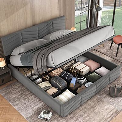 Merax Polsterbett 180x200 mit Höhenverstellbarem Kopfteil Elegantes Design, Holzlattenunterstützung und Einfache Montage Ideal für Erwachsene & Jugendliche Hochwertiger Holländischer Samt in Grau Merax Polsterbett 180x200 mit Höhenverstellbarem Kopfteil Elegantes Design, Holzlattenunterstützung und Einfache Montage Ideal für Erwachsene & Jugendliche Hochwertiger Holländischer Samt in Grau