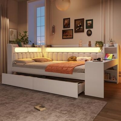BTM Jugendbett 140x200 mit Schreibtisch Gepolstertes Tagesbett mit Schubladen USB und LED-Gürtel, Kinder Stauraumbett, Daybed Weiß BTM Jugendbett 140x200 mit Schreibtisch Gepolstertes Tagesbett mit Schubladen USB und LED-Gürtel, Kinder Stauraumbett, Daybed Weiß