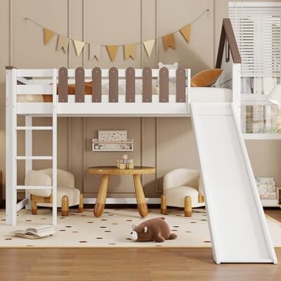 Merax Hochbett Kinderbett mit Rutsche, 90x200 cm, mit dreistufiger gerader Leiter, aus Kiefer und MDF, Weiß und Walnuss, ohne Matratze, für Kinderzimmer und Jugendzimmer Merax Hochbett Kinderbett mit Rutsche, 90x200 cm, mit dreistufiger gerader Leiter, aus Kiefer und MDF, Weiß und Walnuss, ohne Matratze, für Kinderzimmer und Jugendzimmer