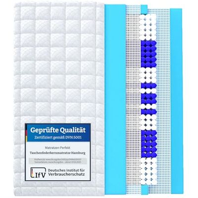 Matratzen Perfekt Taschenfederkernmatratze Hamburg Deluxe 180x200 H3 23 cm 9-Zonen 1044 Tonnentaschenfedern Rundum-Klimaband Bezug abnehmbar waschbar 60 Grad Wendeschlaufen belastbar bis 100 kg Matratzen Perfekt Taschenfederkernmatratze Hamburg Deluxe 180x200 H3 23 cm 9-Zonen 1044 Tonnentaschenfedern Rundum-Klimaband Bezug abnehmbar waschbar 60 Grad Wendeschlaufen belastbar bis 100 kg