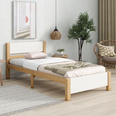 Merax Kinderbett 90x200cm Einzelbett, Holzbett mit Kopf- und Fußteil, Stabile Lattenrost, Kiefernholzrahmen mit Mittelfuß, Stauraum unter dem Bett, Schlichter Stil, Jugendbett Bettgestell, Weiß&Natur Merax Kinderbett 90x200cm Einzelbett, Holzbett mit Kopf- und Fußteil, Stabile Lattenrost, Kiefernholzrahmen mit Mittelfuß, Stauraum unter dem Bett, Schlichter Stil, Jugendbett Bettgestell, Weiß&Natur