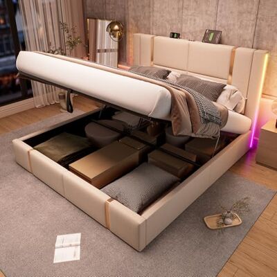 Merax Stauraumbett Polsterbett Hydraulisch Doppelbett 160×200cm, LED Funktionsbett mit USB Ladefunktion, höheres Kopfteil, Lattenrost aus Holz, Metallrahmen, Leinen, Jugendbett, ohne Matratze, Beige Merax Stauraumbett Polsterbett Hydraulisch Doppelbett 160×200cm, LED Funktionsbett mit USB Ladefunktion, höheres Kopfteil, Lattenrost aus Holz, Metallrahmen, Leinen, Jugendbett, ohne Matratze, Beige