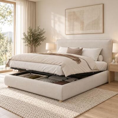 Merax Polsterbett 160x200 cm, Creme, Samt-Doppelbett mit hydraulischem Funktionsbett, Lattenrost, gepolstertem Kopfteil, Massivholzbeinen und großem Stauraum (Ohne Matratze) Merax Polsterbett 160x200 cm, Creme, Samt-Doppelbett mit hydraulischem Funktionsbett, Lattenrost, gepolstertem Kopfteil, Massivholzbeinen und großem Stauraum (Ohne Matratze)