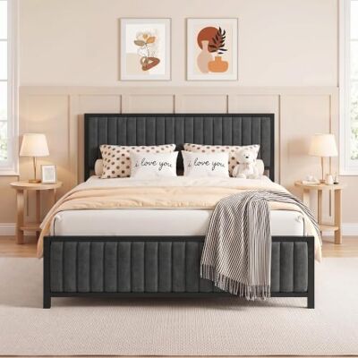 VECELO Bettgestell 140x200 cm, Doppelbett aus Metall mit gepolstertem Kopf- und Fußteil, Bettrahmen mit Lattenrost, 32 cm Stauraum unter dem Bett, geräuscharm, kein Boxspring nötig, Grau VECELO Bettgestell 140x200 cm, Doppelbett aus Metall mit gepolstertem Kopf- und Fußteil, Bettrahmen mit Lattenrost, 32 cm Stauraum unter dem Bett, geräuscharm, kein Boxspring nötig, Grau