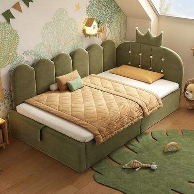 BTM L-Form Tagesbett Schlafsofa aus Samt Grün 90x190 cm, Polsterbett Gästebett mit hydraulischem Stauraum, liebliches Krone-Gitter Design für Kinderzimmer, Matratze Nicht enthalten BTM L-Form Tagesbett Schlafsofa aus Samt Grün 90x190 cm, Polsterbett Gästebett mit hydraulischem Stauraum, liebliches Krone-Gitter Design für Kinderzimmer, Matratze Nicht enthalten