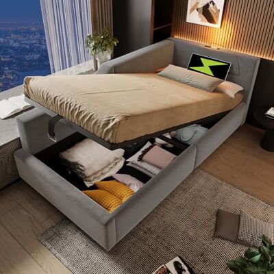 Merax Polsterbett Schlafsofa 90x190cm, Tagesbett Daybett mit Hydraulisch Stauraum, Funktionsbett mit Leselicht & Ladefunktion, Einzelbett Bettgestell mit Lattenrost, Gästebett Jugendbett, Samt, Grau Merax Polsterbett Schlafsofa 90x190cm, Tagesbett Daybett mit Hydraulisch Stauraum, Funktionsbett mit Leselicht & Ladefunktion, Einzelbett Bettgestell mit Lattenrost, Gästebett Jugendbett, Samt, Grau