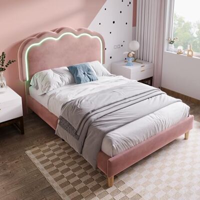 BTM Polsterbett LED Einzelbett 90 x 200cm, Bettgestell mit Lattenrost und Verstellbares Kopfteil, Gepolstertes Bett in Rosa,Bettrahmen Jugendbett für Schlafzimmer Gästezimmer-Samt BTM Polsterbett LED Einzelbett 90 x 200cm, Bettgestell mit Lattenrost und Verstellbares Kopfteil, Gepolstertes Bett in Rosa,Bettrahmen Jugendbett für Schlafzimmer Gästezimmer-Samt