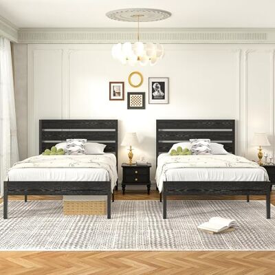 VECELO 2er-Set Bettgestelle 90x200 cm, Einzelbetten mit dickem Holzkopfteil und Metall Lattenrost, stabil und geräuschlos mit 31 cm Stauraum, Industrial Design für Schlafzimmer, Schwarz VECELO 2er-Set Bettgestelle 90x200 cm, Einzelbetten mit dickem Holzkopfteil und Metall Lattenrost, stabil und geräuschlos mit 31 cm Stauraum, Industrial Design für Schlafzimmer, Schwarz