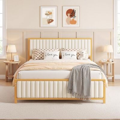VECELO Polsterbett 140x200 cm, Doppelbett mit Kopfteil und Fußteil, Metallrahmen mit Lattenrost, 32 cm Stauraum unter dem Bett, kein Boxspringbett erforderlich, Beige VECELO Polsterbett 140x200 cm, Doppelbett mit Kopfteil und Fußteil, Metallrahmen mit Lattenrost, 32 cm Stauraum unter dem Bett, kein Boxspringbett erforderlich, Beige