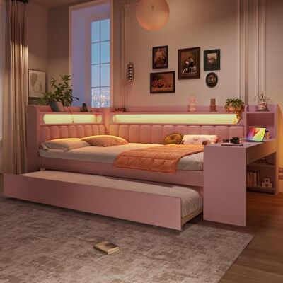 BTM Jugendbett 140x200 mit Schreibtisch Gepolstertes Tagesbett mit USB-Anschlüssen und LED-Gürtel, Kinder Ausziehbett Daybed, Rosa BTM Jugendbett 140x200 mit Schreibtisch Gepolstertes Tagesbett mit USB-Anschlüssen und LED-Gürtel, Kinder Ausziehbett Daybed, Rosa