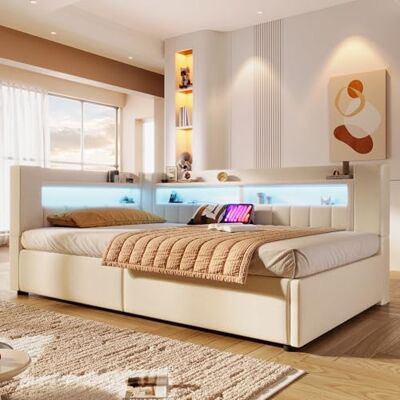 BTM Tagesbett 90 x 200 cm mit Ladefunktion Stauraumbett Schlafsofa Polsterbett mit LED (ohne Matratze), Einzelbett, Beige BTM Tagesbett 90 x 200 cm mit Ladefunktion Stauraumbett Schlafsofa Polsterbett mit LED (ohne Matratze), Einzelbett, Beige