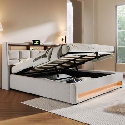 Merax Polsterbett 140x200cm, Doppelbett mit Bettkasten und Lattenrost, Stauraum Kopfteil mit LED & USB Ladefunktion, Hydraulisch Stauraumbett Funktionsbetten, Leinen, Jugendbett, ohne Matratze, Beige Merax Polsterbett 140x200cm, Doppelbett mit Bettkasten und Lattenrost, Stauraum Kopfteil mit LED & USB Ladefunktion, Hydraulisch Stauraumbett Funktionsbetten, Leinen, Jugendbett, ohne Matratze, Beige
