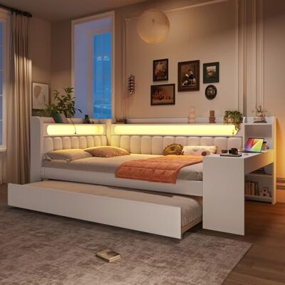 BTM Jugendbett 140x200 mit Schreibtisch Gepolstertes Tagesbett mit USB-Anschlüssen und LED-Gürtel, Kinder Ausziehbett Daybed, Weiß BTM Jugendbett 140x200 mit Schreibtisch Gepolstertes Tagesbett mit USB-Anschlüssen und LED-Gürtel, Kinder Ausziehbett Daybed, Weiß