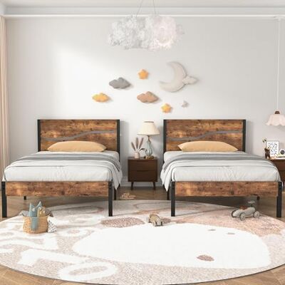VECELO 2er Set Bettgestelle 90x200 cm, Einzelbetten mit Metall Lattenrost und massivem Holzkopfteil, stabil und geräuschlos, ideal als Gästebett und Jugendbett, Braun VECELO 2er Set Bettgestelle 90x200 cm, Einzelbetten mit Metall Lattenrost und massivem Holzkopfteil, stabil und geräuschlos, ideal als Gästebett und Jugendbett, Braun