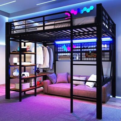 BTM Hochbett 140 x 200 cm Eisenrahmen Hochbett mit Schreibtisch, LED-Lichtleiste, Kleiderstange Jugendbett mit Treppe, Schwarz, ohne Matratze BTM Hochbett 140 x 200 cm Eisenrahmen Hochbett mit Schreibtisch, LED-Lichtleiste, Kleiderstange Jugendbett mit Treppe, Schwarz, ohne Matratze
