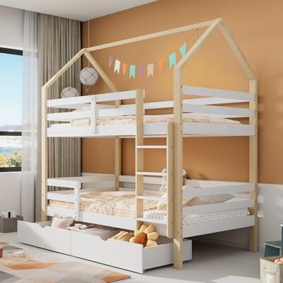 Merax Hochbett 90x200cm, Etagenbett mit Leiter & große Schubladen Stockbett für 2 Kinder mit Rausfallschutz und 2 Lattenrost, Kiefernholz Kinderbett Jugendbett, Doppelbett Hausbett, Holzfarbe & Weiß Merax Hochbett 90x200cm, Etagenbett mit Leiter & große Schubladen Stockbett für 2 Kinder mit Rausfallschutz und 2 Lattenrost, Kiefernholz Kinderbett Jugendbett, Doppelbett Hausbett, Holzfarbe & Weiß