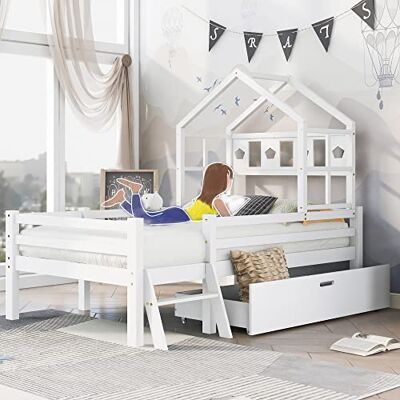 BTM Kinderbett 200x90, Jugendbett mit Schubladen und Lattenrost, Hausbett 90x200 für Jungen und Mädchen mit Rausfallschutz und Leiter, Kiefernholz, Weiß BTM Kinderbett 200x90, Jugendbett mit Schubladen und Lattenrost, Hausbett 90x200 für Jungen und Mädchen mit Rausfallschutz und Leiter, Kiefernholz, Weiß