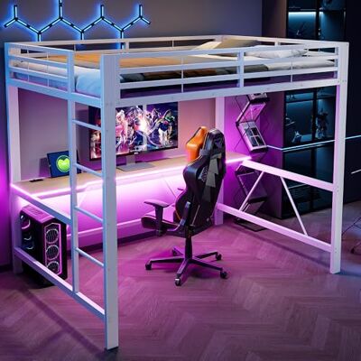 BTM Gaming Bett Jugendbett 140 x 200 cm Metall Hochbett mit Schreibtisch und USB, Kinder Hochbett mit LED, Weiß BTM Gaming Bett Jugendbett 140 x 200 cm Metall Hochbett mit Schreibtisch und USB, Kinder Hochbett mit LED, Weiß