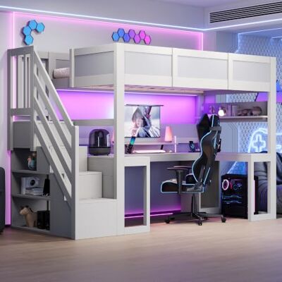 BTM Gaming Hochbett 90x200 mit Schreibtisch & Treppe Weiß USB-Anschluss BTM Gaming Hochbett 90x200 mit Schreibtisch & Treppe Weiß USB-Anschluss