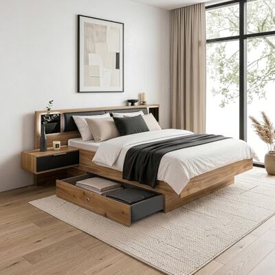 Lomadox Schlafzimmer Doppelbett mit 2 Bettschubladen, 160x200 cm Liegefläche in Eiche und Graphit, inkl. Kopfteilpolster & beleuchtetem Glaspaneel Lomadox Schlafzimmer Doppelbett mit 2 Bettschubladen, 160x200 cm Liegefläche in Eiche und Graphit, inkl. Kopfteilpolster & beleuchtetem Glaspaneel