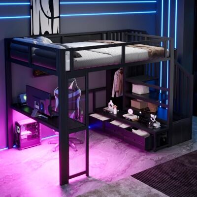 BTM Schwarz Gaming Hochbett Schwarz 140x200 Mit Offenem Kleiderschrank BTM Schwarz Gaming Hochbett Schwarz 140x200 Mit Offenem Kleiderschrank