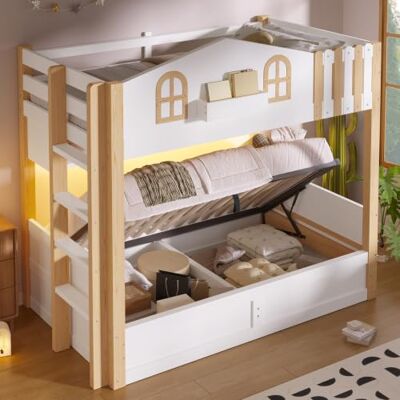 Merax Etagenbett 90x200 cm Holz Hochbett Hausbett mit Stauraum Leiter Weiß Massivholz Etagenbett mit hydraulischem Bettkasten, Ablagefächern und LED-Beleuchtung für platzsparende Schlafzimmer Merax Etagenbett 90x200 cm Holz Hochbett Hausbett mit Stauraum Leiter Weiß Massivholz Etagenbett mit hydraulischem Bettkasten, Ablagefächern und LED-Beleuchtung für platzsparende Schlafzimmer
