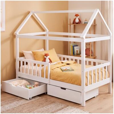 tectake ® Kinderbett 80 x 160 cm, Rausfallschutz, Rolllattenrost, Massivholz 2 Schubladen mit Rollen, Haus-Design, Montessori Prinzip, niedrige Einstiegshöhe, viel Stauraum, belastbar bis 110 kg tectake ® Kinderbett 80 x 160 cm, Rausfallschutz, Rolllattenrost, Massivholz 2 Schubladen mit Rollen, Haus-Design, Montessori Prinzip, niedrige Einstiegshöhe, viel Stauraum, belastbar bis 110 kg
