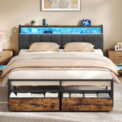 VASAGLE Metallbett 160 x 200 cm und Bettschubladen Set Bettgestell mit Stauraum, Kopfteil und LED, für Schlafzimmer, CONNER Kollektion VASAGLE Metallbett 160 x 200 cm und Bettschubladen Set Bettgestell mit Stauraum, Kopfteil und LED, für Schlafzimmer, CONNER Kollektion