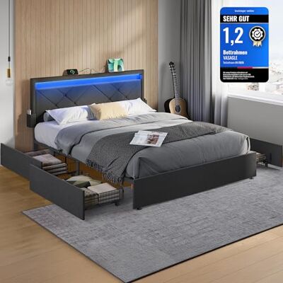 VASAGLE Doppelbettgestell, Bettgestell, passend für 140 x 200 cm Matratze, LED, Metallbett, 4 Schubladen, Ladestation, verstellbares gepolstertes Kopfteil, schiefergrau RMB827G02 VASAGLE Doppelbettgestell, Bettgestell, passend für 140 x 200 cm Matratze, LED, Metallbett, 4 Schubladen, Ladestation, verstellbares gepolstertes Kopfteil, schiefergrau RMB827G02