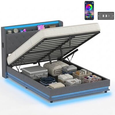 HOMCOM Polsterbett 140x200 cm mit RGB LED-Beleuchtung, USB-A/USB-C Grau Doppelbettgestell, Lattenrost, Hydraulischer Stauraum, Bettgestell, Gepolstertes Leinen Kopfteil, Ohne Matratze HOMCOM Polsterbett 140x200 cm mit RGB LED-Beleuchtung, USB-A/USB-C Grau Doppelbettgestell, Lattenrost, Hydraulischer Stauraum, Bettgestell, Gepolstertes Leinen Kopfteil, Ohne Matratze
