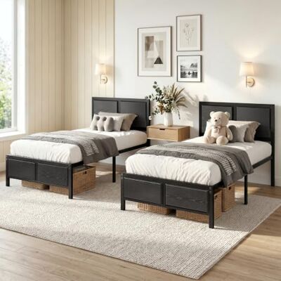 VECELO 2er-Set Bettgestell 90 x 200 cm, Einzelbett mit dickem Holzkopfteil und Metall-Lattenrost, 31 cm Stauraum unter dem Bett, Stabiler Bettrahmen für Schlafzimmer, Schwarz VECELO 2er-Set Bettgestell 90 x 200 cm, Einzelbett mit dickem Holzkopfteil und Metall-Lattenrost, 31 cm Stauraum unter dem Bett, Stabiler Bettrahmen für Schlafzimmer, Schwarz