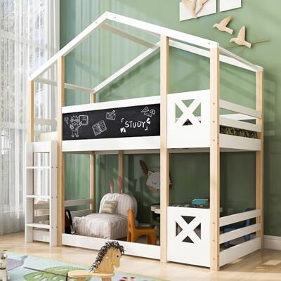 Merax Hochbett für Kinder, Kinderbett Etagenbett 90x200 cm, Hausbett mit Rausfallschutz, Baumhaus mit Lattenrost und Leiter, Spielbett mit Zwei Liegeflächen und Graffiti-Tafel, Natur & Weiß Merax Hochbett für Kinder, Kinderbett Etagenbett 90x200 cm, Hausbett mit Rausfallschutz, Baumhaus mit Lattenrost und Leiter, Spielbett mit Zwei Liegeflächen und Graffiti-Tafel, Natur & Weiß