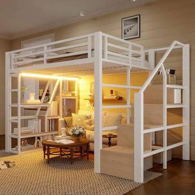 Merax Hochbett 140x200 cm, Metallbett mit Treppe und Rausfallschutz, Funktionsbett Kinderhochbett mit LED, Ablagefach, offener Stauraum unter dem Bett, Jugendbett Bettgestell (ohne Matratze), Weiß Merax Hochbett 140x200 cm, Metallbett mit Treppe und Rausfallschutz, Funktionsbett Kinderhochbett mit LED, Ablagefach, offener Stauraum unter dem Bett, Jugendbett Bettgestell (ohne Matratze), Weiß