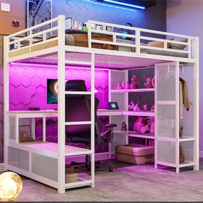 BTM Jugendbett 140x200cm Großes Metall-Hochbett mit Schreibtisch, Offenem Kleiderschrank, LED-Beleuchtung, Stauraumbett, Weiß BTM Jugendbett 140x200cm Großes Metall-Hochbett mit Schreibtisch, Offenem Kleiderschrank, LED-Beleuchtung, Stauraumbett, Weiß