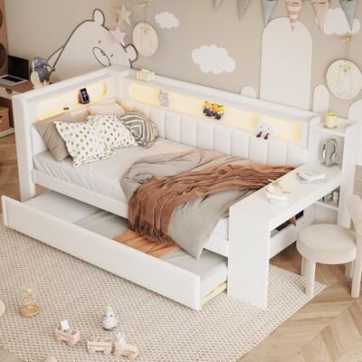 BTM Jugendbett 90x200 mit Schreibtisch Gepolstertes Tagesbett mit USB-Anschlüssen und LED-Gürtel, Kinder Ausziehbett Daybed, Weiß BTM Jugendbett 90x200 mit Schreibtisch Gepolstertes Tagesbett mit USB-Anschlüssen und LED-Gürtel, Kinder Ausziehbett Daybed, Weiß