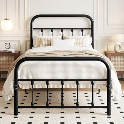 VECELO Bettrahmen 90 x 200 cm Metallbett mit Lattenrost und Hohem Kopfteil, Modern Gästebett Jugendbett, Einfacher Aufbau für Schlafzimmer Gästezimmer, Schwarz VECELO Bettrahmen 90 x 200 cm Metallbett mit Lattenrost und Hohem Kopfteil, Modern Gästebett Jugendbett, Einfacher Aufbau für Schlafzimmer Gästezimmer, Schwarz