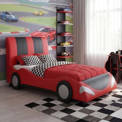 Mendler Bett HWC-E14 Lattenrost Kunstleder Holz 190x100cm schwarz-rot Auto, Junge, Kinderbett, Jugendbett Mendler Bett HWC-E14 Lattenrost Kunstleder Holz 190x100cm schwarz-rot Auto, Junge, Kinderbett, Jugendbett