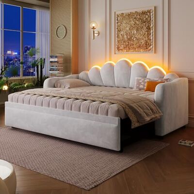 BTM Polsterbett Tagesbett 90-180x200 Ausziehbett Gleiche Höhe Schlafcouch mit LED-Beleuchtung Bett zum Ausziehen Grau BTM Polsterbett Tagesbett 90-180x200 Ausziehbett Gleiche Höhe Schlafcouch mit LED-Beleuchtung Bett zum Ausziehen Grau