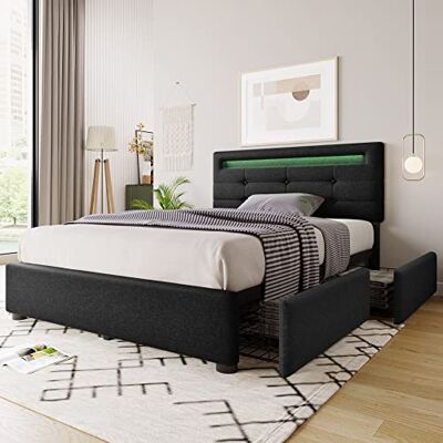 BTM Smartes LED-Bett mit 2 Schubladen Einzelbett 90x200cm, höhenverstellbares Kopfteil & Holzlattenrost Modernes Polsterbett in Schwarz BTM Smartes LED-Bett mit 2 Schubladen Einzelbett 90x200cm, höhenverstellbares Kopfteil & Holzlattenrost Modernes Polsterbett in Schwarz