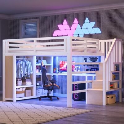 BTM Metall Gaming Hochbett 160x200 mit Kleiderschrank und Schreibtisch Hochbett Erwachsene mit LED, USB und Treppe, Weiß BTM Metall Gaming Hochbett 160x200 mit Kleiderschrank und Schreibtisch Hochbett Erwachsene mit LED, USB und Treppe, Weiß