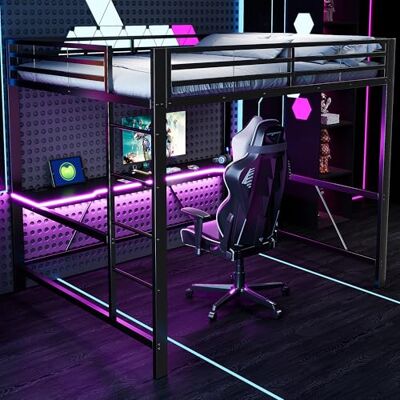 BTM Gaming Bett Jugendbett 160 x 200 cm Metall Hochbett mit Schreibtisch und USB, Kinder Erwachsene mit LED, Schwarz BTM Gaming Bett Jugendbett 160 x 200 cm Metall Hochbett mit Schreibtisch und USB, Kinder Erwachsene mit LED, Schwarz