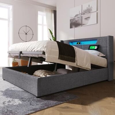 Merax Polsterbett 160x200cm, Doppelbett mit Stauraum und Lattenrost, LED Kopfteil mit USB Ladefunktion, Hydraulisch Stauraumbett Funktionsbetten Bettgestell, Leinen, Jugendbett, ohne Matratze, Grau Merax Polsterbett 160x200cm, Doppelbett mit Stauraum und Lattenrost, LED Kopfteil mit USB Ladefunktion, Hydraulisch Stauraumbett Funktionsbetten Bettgestell, Leinen, Jugendbett, ohne Matratze, Grau