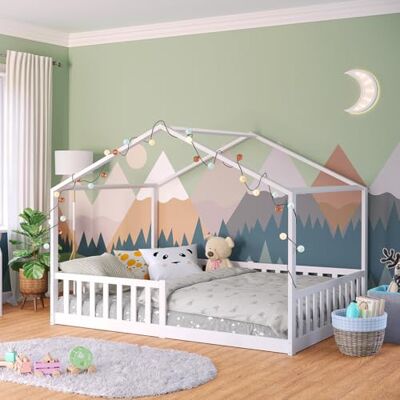 Bellabino Bia Kinderbett 140x200 cm, Bodenbett, Weiß, mit Rausfallschutz Montessori Hausbett aus Massivholz Kiefer, mit Lattenrost, für Jungen & Mädchen, Holzbett, Kinderzimmermöbel, Bettgestell Bellabino Bia Kinderbett 140x200 cm, Bodenbett, Weiß, mit Rausfallschutz Montessori Hausbett aus Massivholz Kiefer, mit Lattenrost, für Jungen & Mädchen, Holzbett, Kinderzimmermöbel, Bettgestell